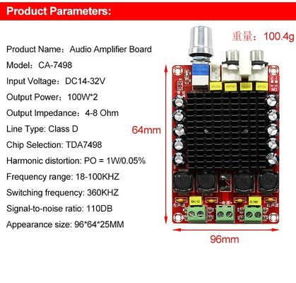 Dual Channel 100W Output Audio Amplifier Board met DC14-34V Input en Class D technologie