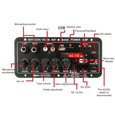 24V/220V Autoversterker Mono Audio Versterker met 120W Power Dual Microphone en Bluetooth voor Subwoofer en Karaoke