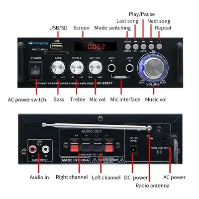 Draadloze BT 2.0Stereo Audio Versterker LDZS AV-298BT voor autoversterkers en KTV Home
