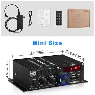 AK-380 USB SD Audio Power Amplifier 400W 2.0 CH HiFi Stereo AMP luidspreker Bluetooth 5.0 Amp ontvanger met afstandsbediening voor thuis
