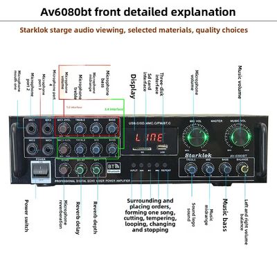 AV-6080BT 1000W 7-kanaals vaste impedantieversterker Huis Auto Metalen Receivers USB Flash SD Card BT Wireless Player Global