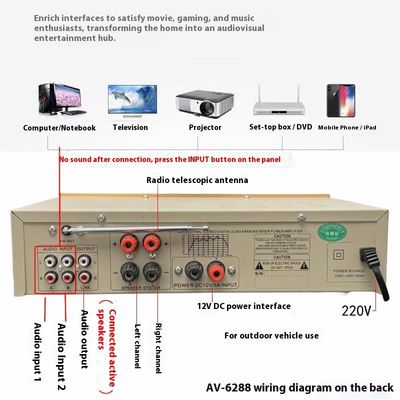 AV-6288BT 1000W 2*500W High Fidelity Karaoke Versterker Dual-Use 12V/220V AC/DC BT Draadloos Kunststof Materiaal